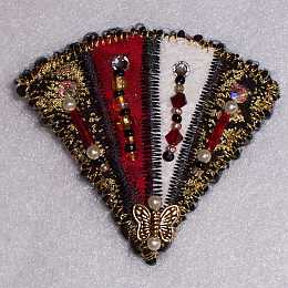 Red Black Fan Beaded Art Quilt Pin, Pendant,  Sue Andrus
